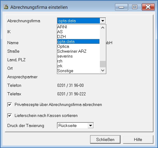 Abrechnungsfirma einstellen