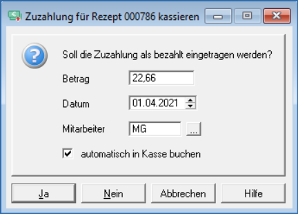 Zuzahlung bar kassieren