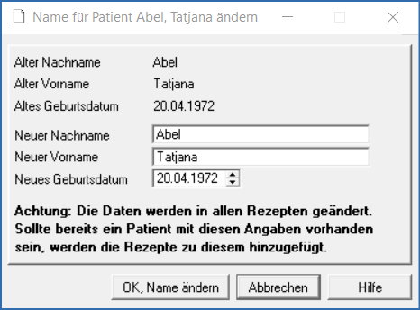 Fenster Patientenname ändern