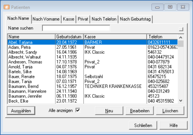 Fenster Patientenauswahl