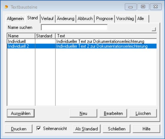 Liste Textbausteine