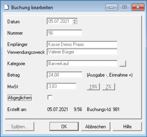 Fenster Buchung bearbeiten