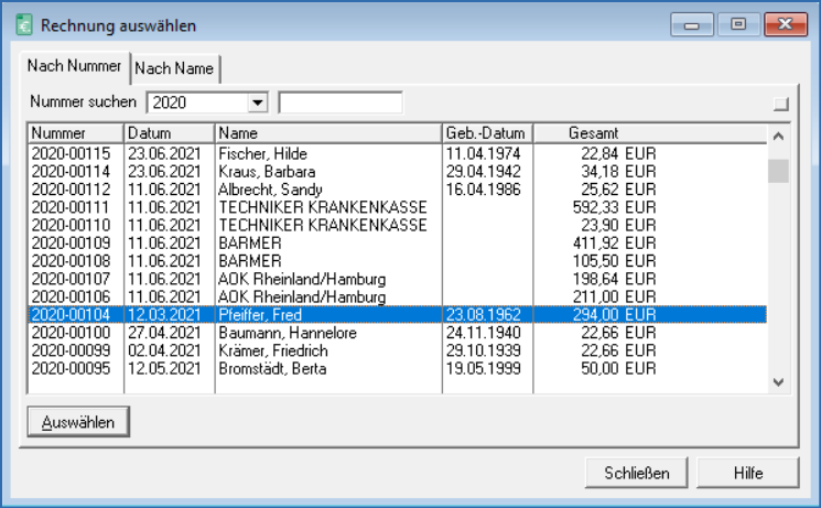 Fenster Rechnung auswählen