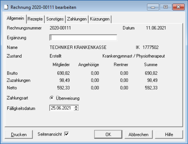 Fenster Rechnung bearbeiten