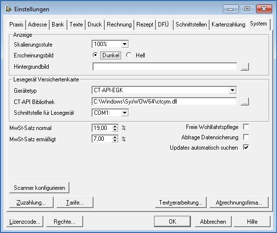 Registerkarte System