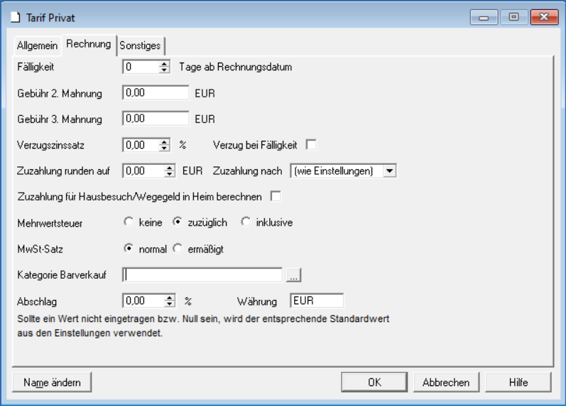 Fenster Tarif Rechnungsregister