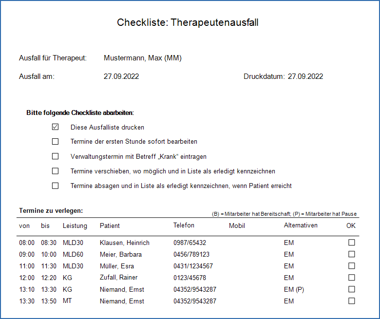 Checkliste Therapeutenausfall