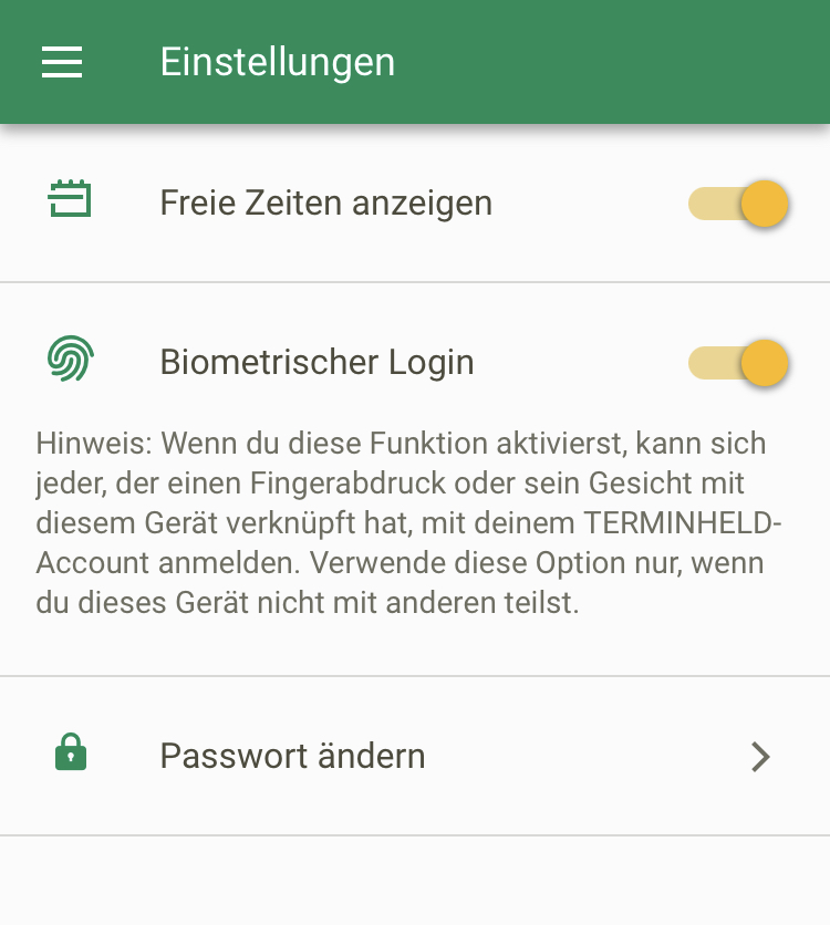 Screenshot App Einstellungen biometrischer Login gelber Riegel