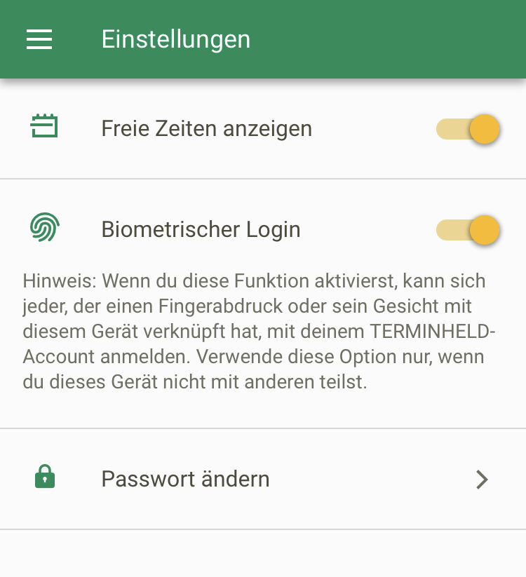 Screenshot App Einstellungen Passwort ändern