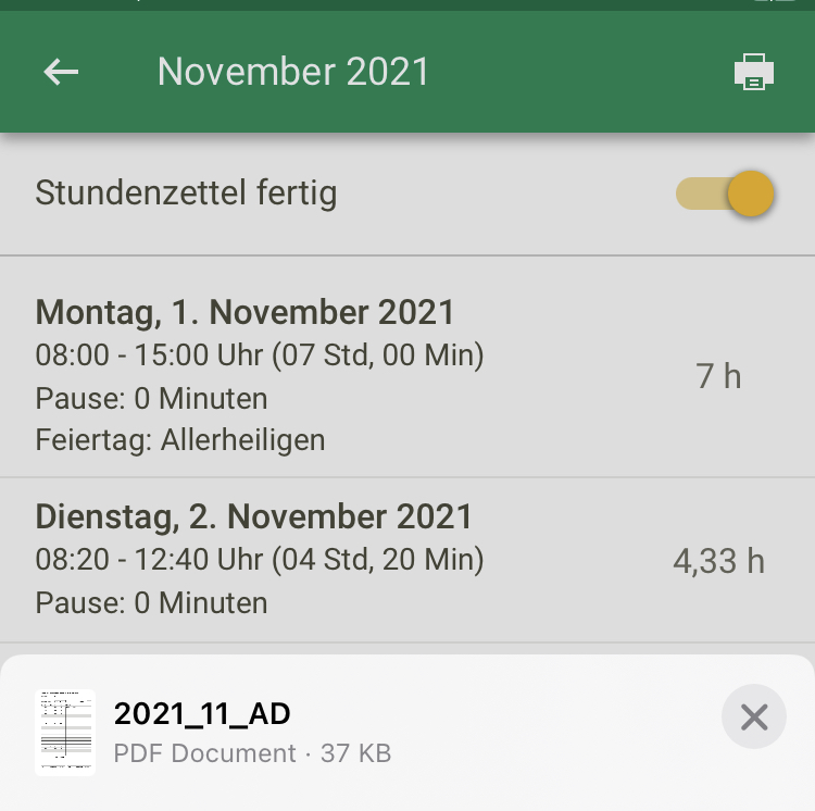 Screenshot App Stundenzettel drucken