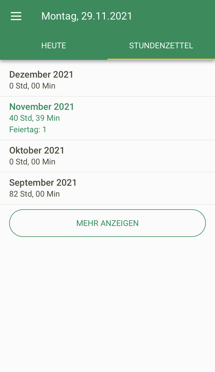 Screenshot App Stundenzettel Monat