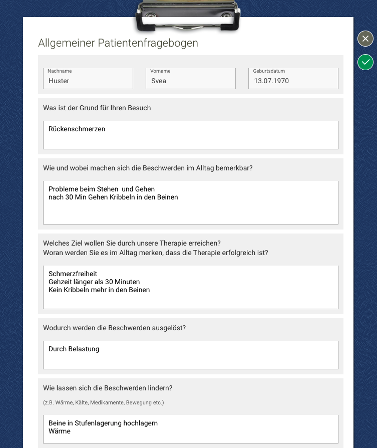 Screenshot Frontoffice Formularschublade Patientenfragebogen