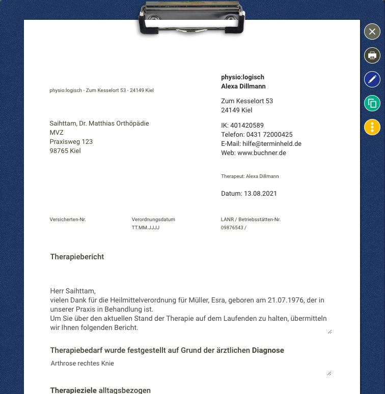 Screenshot Frontoffice Formularschublade Therapiebericht ausgefüllt