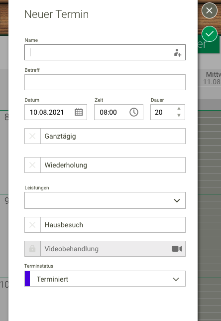 Screenshot Frontoffice Termine Kalender Maske neuer Termin